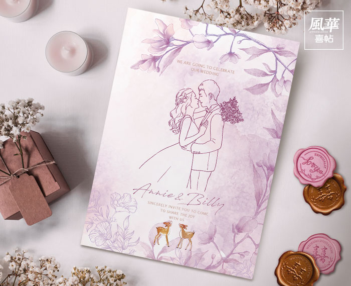 【HEU34】乾燥花紫人像線條插畫-似顏繪-明信片喜帖婚卡